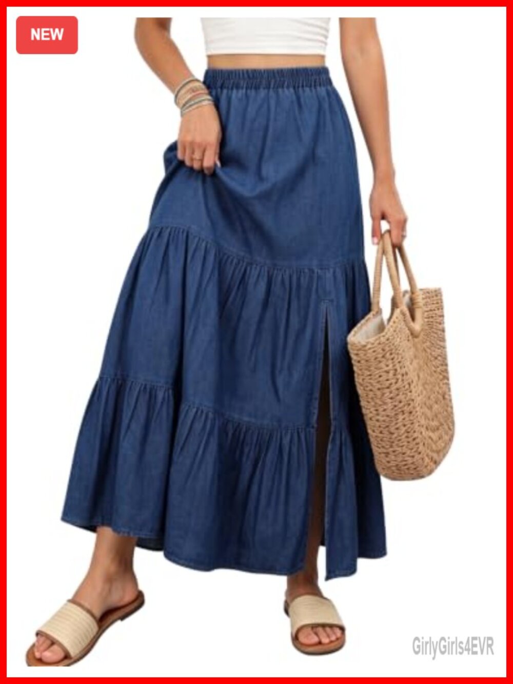 Womens Long Denim Maxi Skirt Tiered A-Line Side Slit High Rise Stretch Waist